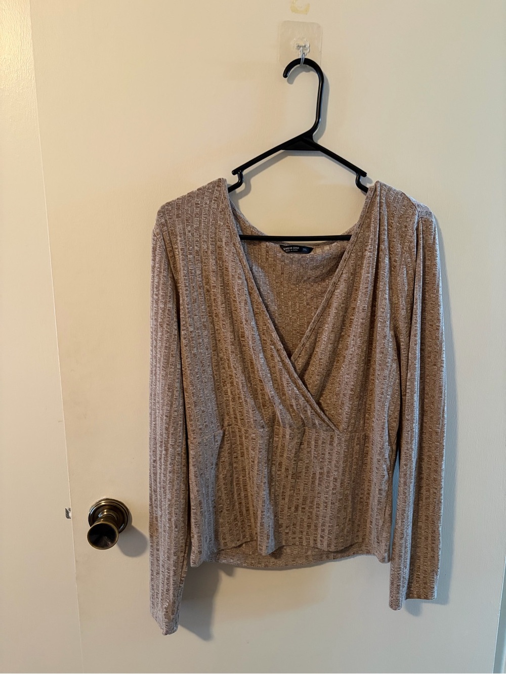SHEIN Taupe Ribbed Wrap-Front Long Sleeve Top